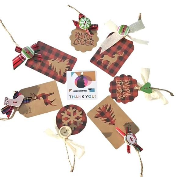 Handcrafted Upcycled Paper giftsTags Holiday red black plaid handmade 8ornaments