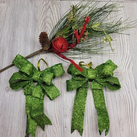 2 Glitter Christmas Bow Ornament 1 Green Holiday Decor Pine Branch Pick Greenery