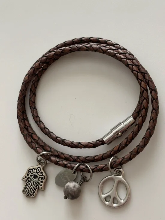 Triple Wrapped Leather Bracelet with Charms Magnetic closure.