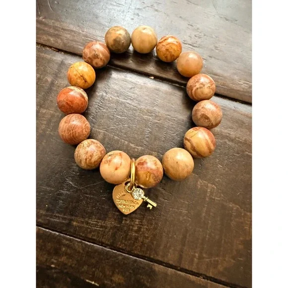 Jasper Stone Bead Stretch Bracelet Gold Heart Key Charm 925 Sterling‎