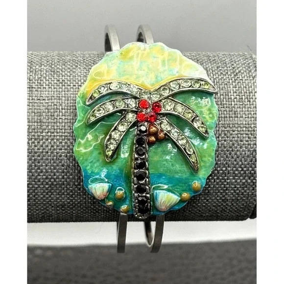 Vintage Tropical Palm Tree Clamper Bangle Enamel Rhinestone Beach Bracelet 7.5