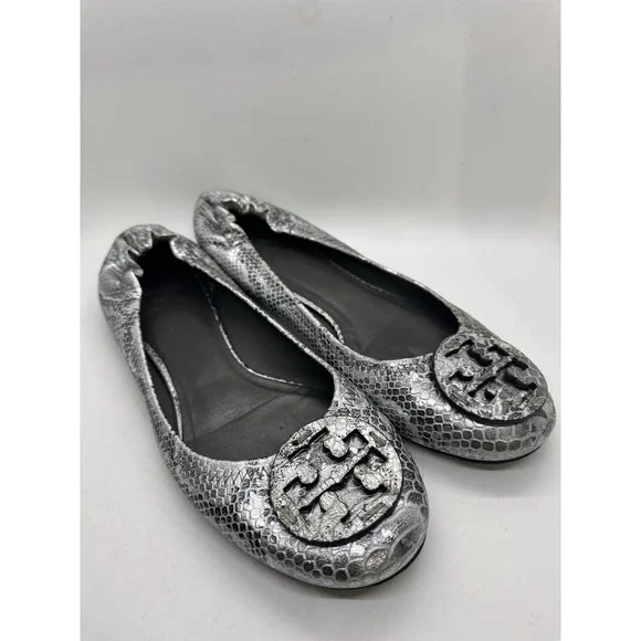 Tory Burch Reva Ballet Flats Silver Metallic Snake Embossed Leather Size 10M