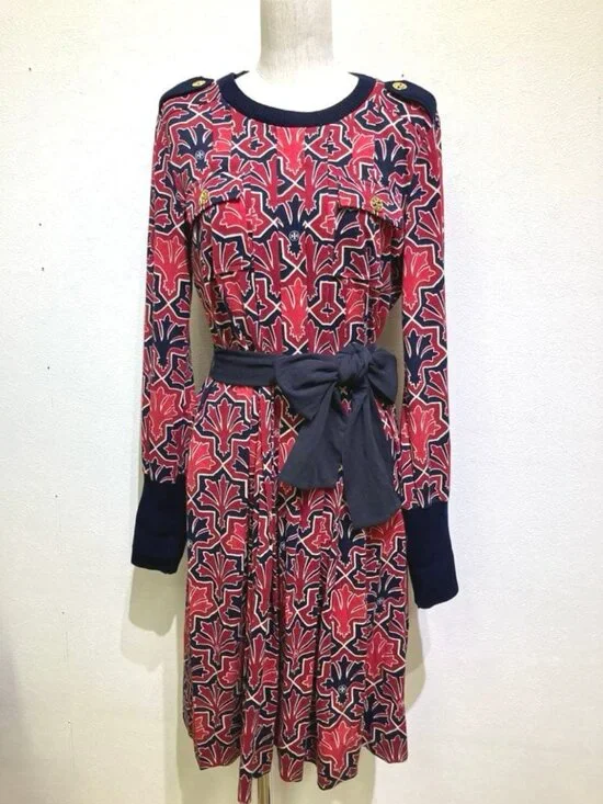 Tory Burch Silk Cotton Knit Belted Dress Red Navy Print - XS