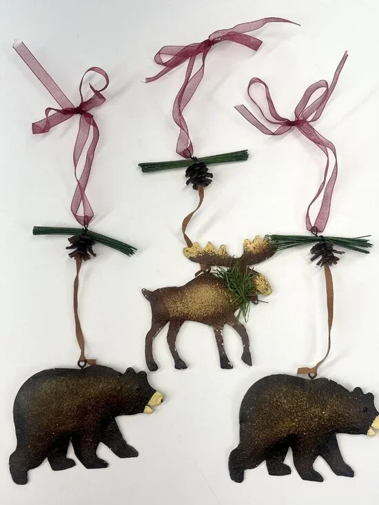 Woodland Black Metal Moose Bear Animal Rustic Christmas Ornaments Lot Of 3