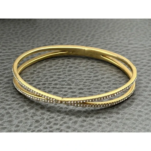 Nordstrom Gold Tone Crossover Bangle Bracelet Clear Cubic Zirconia Hinged