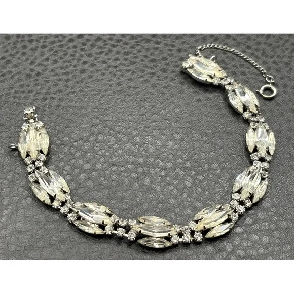 Vintage Weiss Art Deco Style Crystal Marquise Rhinestone Bracelet Silver Tone