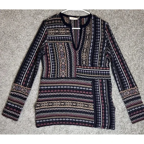 Tory Burch Fair Isle Patchwork Wool Tunic Sweater XS Geometric V Neck Boho