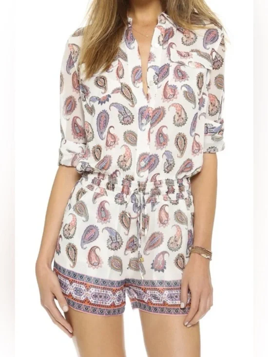 Tory Burch Brigitte Silk Paisley Shirt Romper Ivory Dapper Border XL