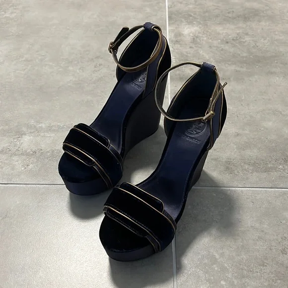 Tory Burch Navy Velvet Platform Wedge Sandals with Gold Trim