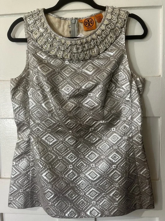 Tory Burch Silver Brocade Top w Rhinestone Neckline Beautiful Linen-Blend Top