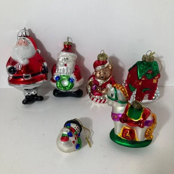 6 Vintage Blown Glass Christmas Ornaments Santa Snowman House Bear Horse 2‎ - 4