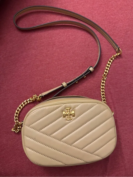 Tory Burch Beige Quilted Leather Crossbody with Gold Chain