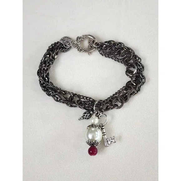MADE WITH LOVE Signed T Charm Bracelet Multi-Strand Key Faux Pearl Gunmetal Grey