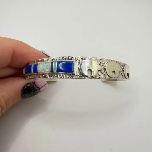Amazing‎ Vintage Possible Navajo Triple Bear, Lapis/Opal cuff bracelet in 925!