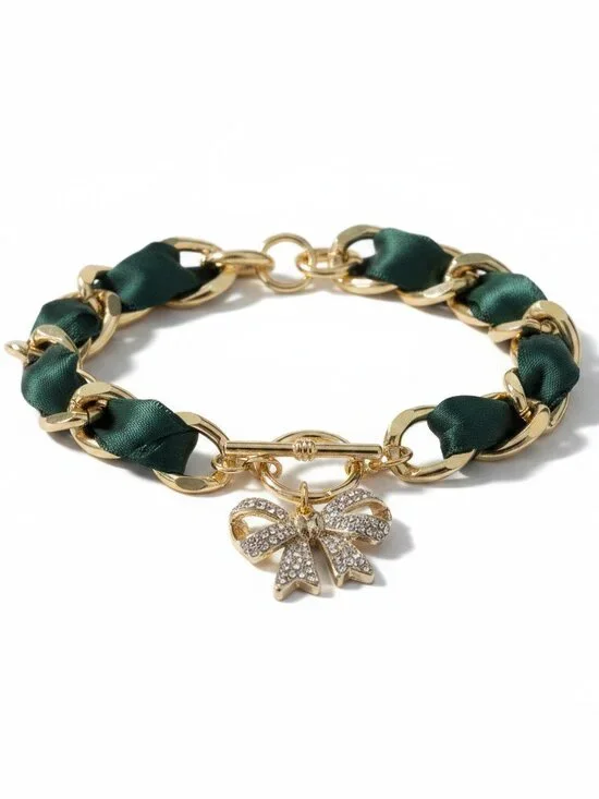Francesca's Emerald Green Satin Ribbon Gold Chain Rhinestone Bow Bracelet NEW‎