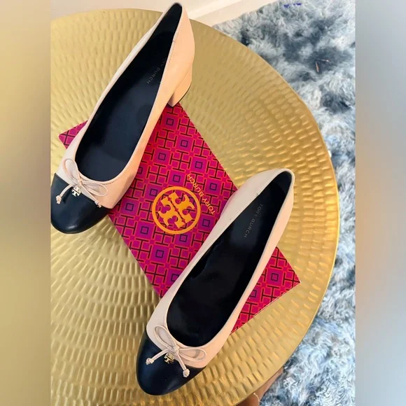 Tory Burch Pink Blush and Black Cap-Toe Ballet Flats
