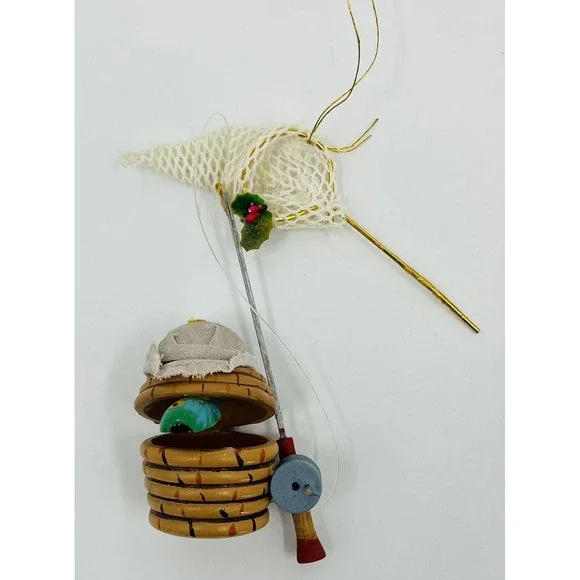 Vintage Kurt Adler Fishing Basket Christmas Ornament Fish Net Pole 1985