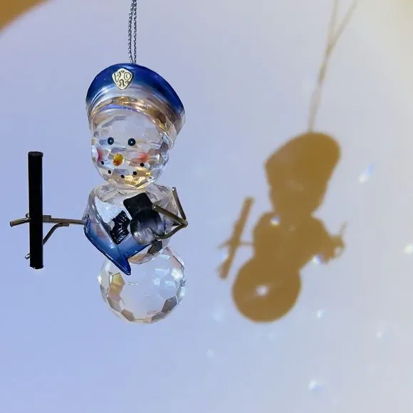 Clear Glass Snowman‎ Police Officer Christmas Ornament whistle blue hat 3.5x2.5