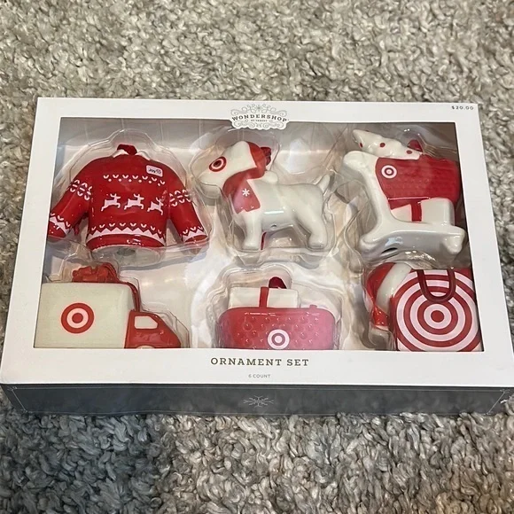 Ceramic Target Dog Christmas Tree Ornament Set 6pc Red/White Wondershop New