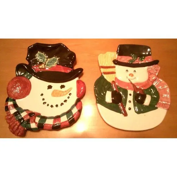 Set‎ 2 Decorative Christmas Snowmen Canape Plates.