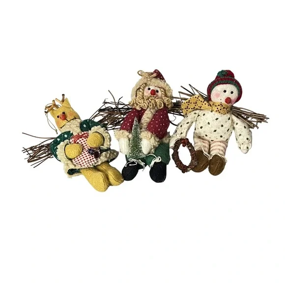 Vintage Christmas Ornaments  Multicolor Primitive Plush Trio Twig Set