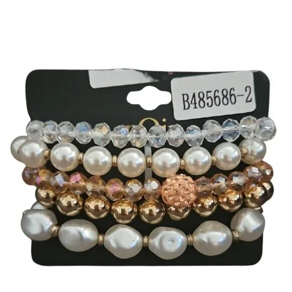 nOir Jewelry Pearl and Rose Gold Bracelet Set - Qty 5 New Party Special Occasion
