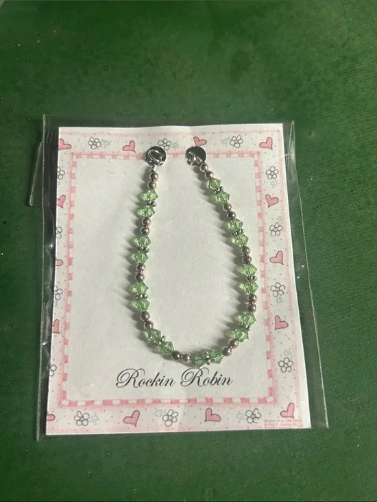 Dainty Peridot Green Crystal & Sterling Silver Bead Bracelet‎ 6 inch