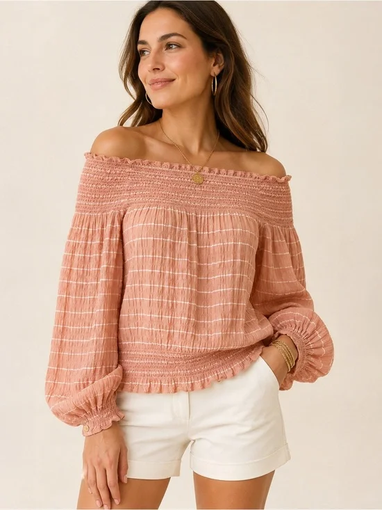 Tory Burch Pink Striped Silk Blend Smocked Off Shoulder Blouse Size 10