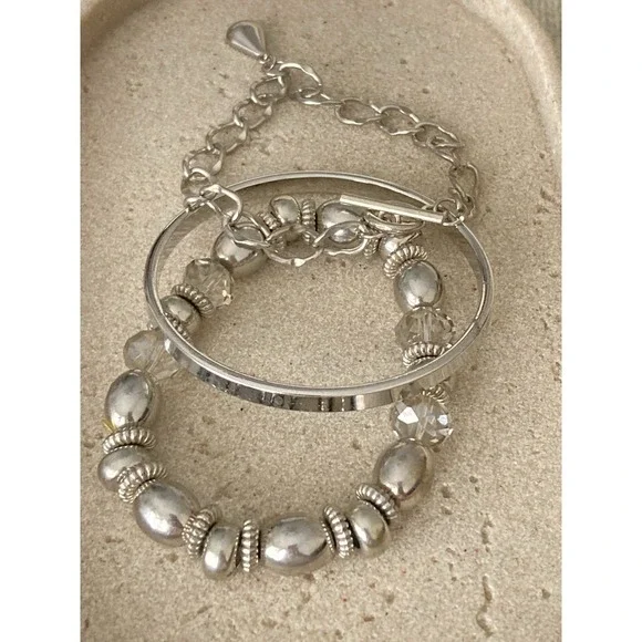Glossy‎ Silver Tone Bangle Bracelet Set Of 3 Rhinestone Beaded Chain Link Chunky