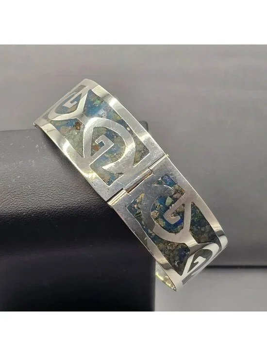 Vintage Taxco Sterling Silver Turquoise Inlay Bracelet 7