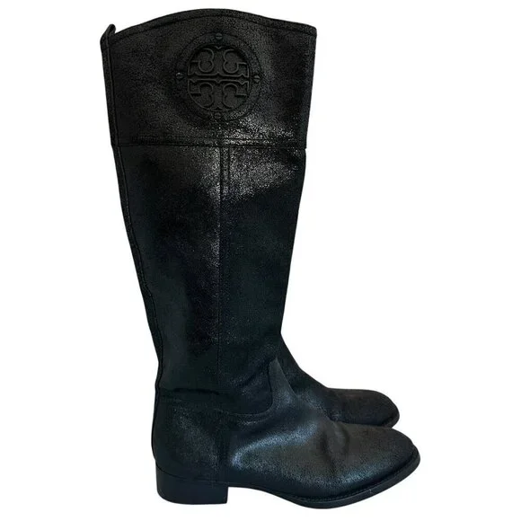 Tory Burch Kiernan Black Caviar Tumbled Leather Tall Riding Boots Size 9 Women's