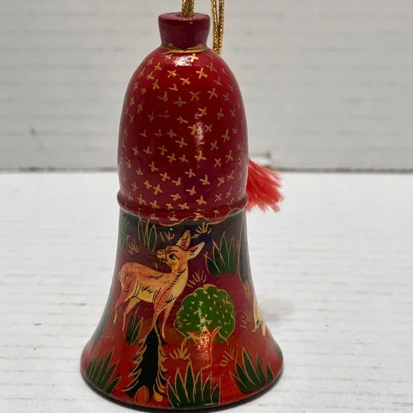 Hand Painted PapierMache Bell Ornament Red Gold Deer Woodland Scene Tassel 2.75