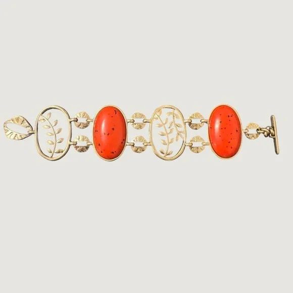 Vintage Y2K Sigrid Olsen Gold Tone Orange Faux Coral Leaf Link Toggle Bracelet