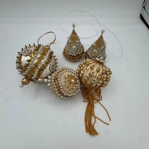 Vintage Beaded Christmas Ornaments Set 5 Faux Pearl Gold Filigree Victorian