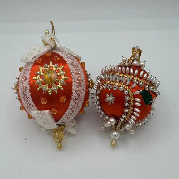 Vintage Handmade Orange Satin Push Pin Christmas Ornaments Lace Pearls Set of 2