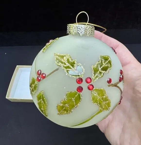 Vintage Pier 1 Christmas Ornament Frosted Jeweled Glass Holly Berries -S1T