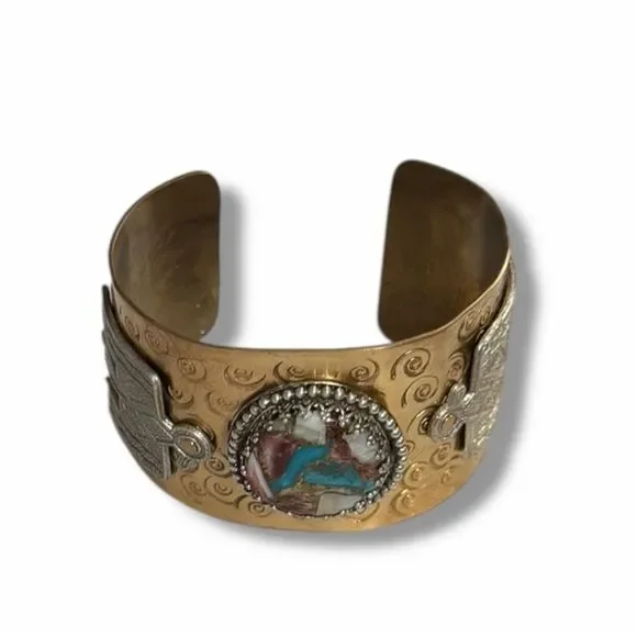 Spiny Turquoise Sterling Silver Thunderbird Hammered Statement Cuff Artisan NWT