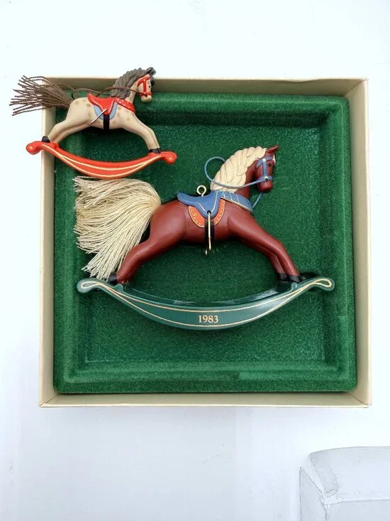 Hallmark Vtg 1983 Rocking Horse Ornament & 1981 Inspired Rocking Horse Lapel Pin