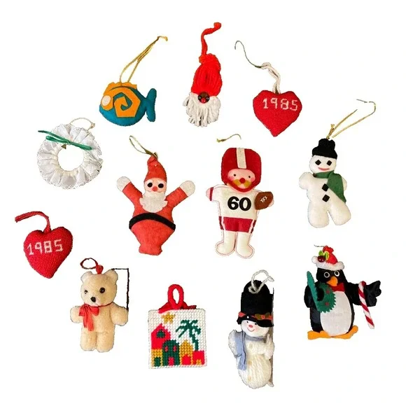 Vintage Christmas Ornaments Handmade Cross Stitch Lot Santa Snowman 1970's‎ 80's