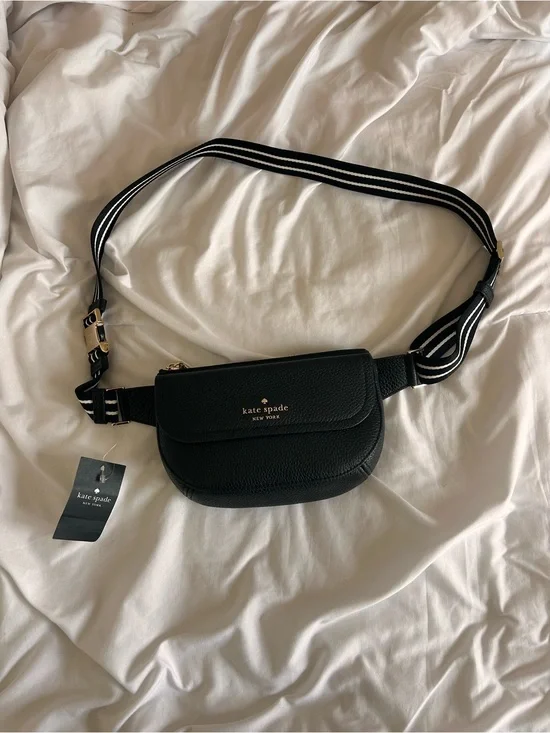 kate spade Black Leather Crossbody/Belt Bag with Striped Strap
