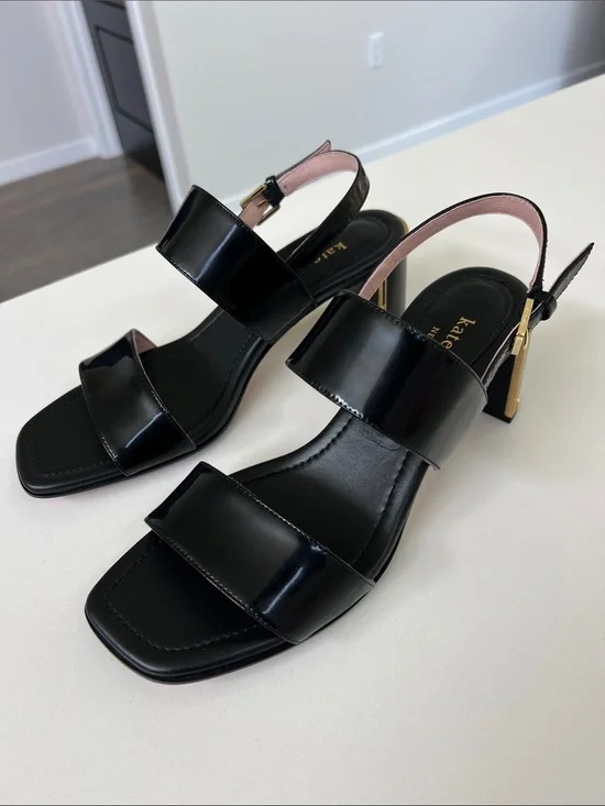 Kate Spade merritt black patent leather open toe heel sandals gold tone hardware