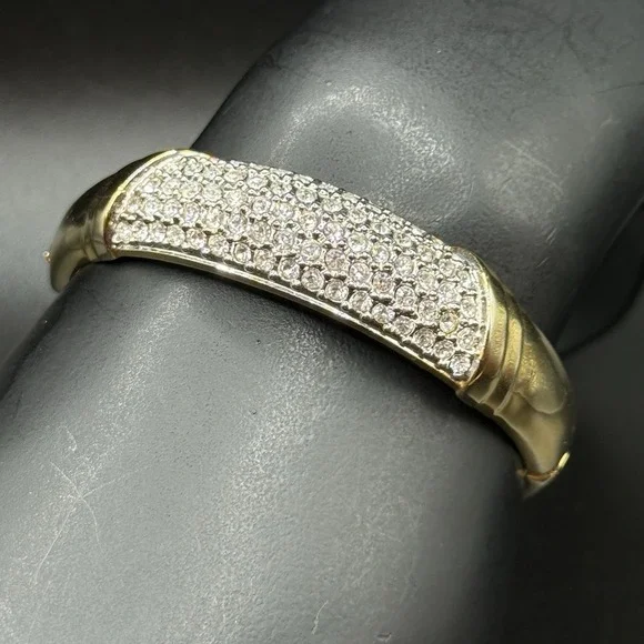 Vintage Gold Tone Pavé Rhinestone Hinge Bangle Bracelet 6