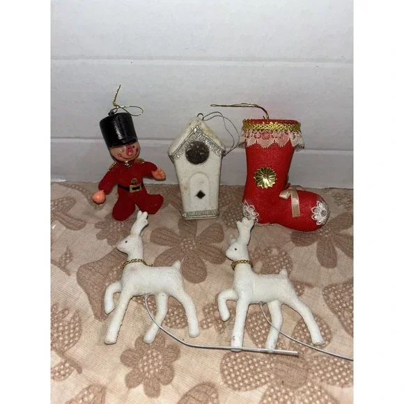 Vintage‎ Flocked reindeer Plastic Christmas Ornaments lot of 5  Stocking Etc