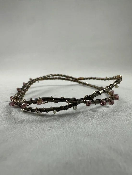 Set of 2 Wire-Wrapped Bangle Bracelets with Pink Tourmaline & Pearl Beads