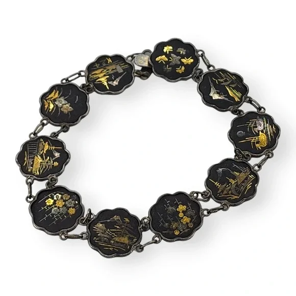 Vintage Signed Damascene Link Bracelet Sterling Silver 7
