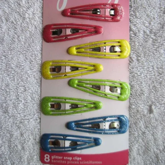 8 Goody Double Bar Glitter Epoxy Covered Metal Hair Snap Clips Blue Green Pink