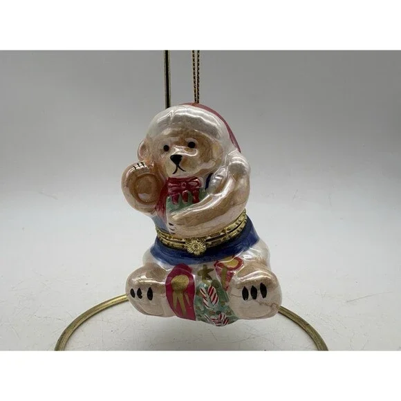 Vintage Teddy Bear Baby Photo Locket Christmas Ornament Ceramic Keepsake
