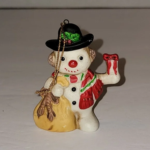 Vintage Ceramic Snowman Holding Gift Christmas Ornament
