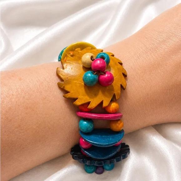 Multicolored Wooden Beaded Statement Bracelet