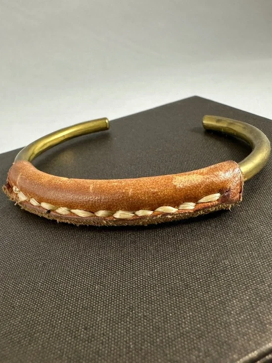 Artisan Handcrafted Solid Brass Cuff Bracelet with Stitched Leather Wrap